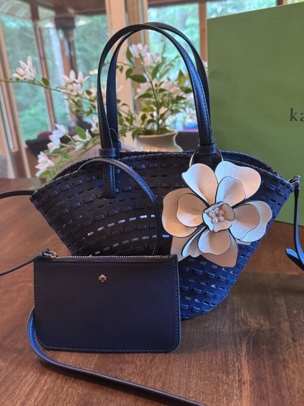 Kate Spade Dahlia Tote Bag Cutout Leather Floral Charm - Navy Crossbody
